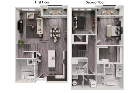 Floor plan for 2 beds, 3 baths, 1605 sqft